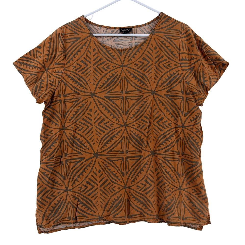Tanoa Blouse Womens M Orange Scoop Neck Short Dolman Sleeve Geometric Tropical